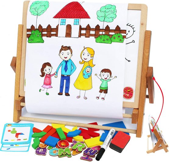 Toys of Wood Oxford Wooden Easel for Children Foldable-Double Magnetic Boards Shapes Letters Numbers Paper Roll Kids Art-Table Top Magnetic Board Black White Drawing Board for Kids - Image 3