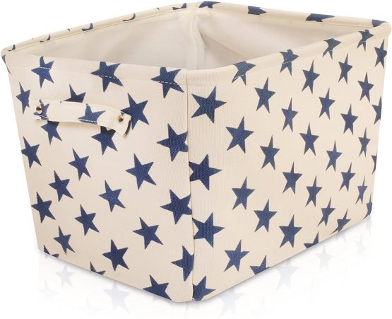 Cream Star Canvas Storage Basket Rectangle Fabric Basket with Blue Stars – Perfect for Household Storage, Fabrics or Toys. Size: 40cms x 30cms x 25cms - Image 2