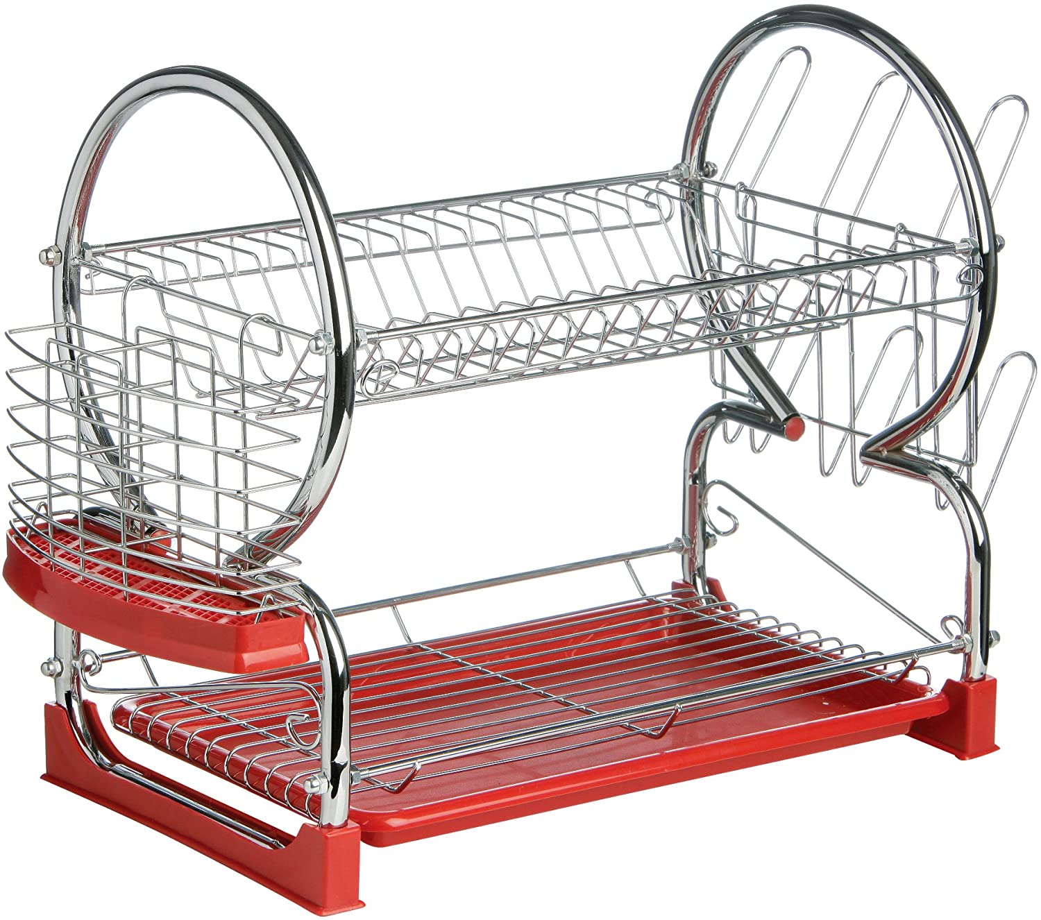 Premier Housewares 2 Tier Dish Drainer, Dish Rack with Drip Tray, Sink Caddy - Chrome/Red, H39 x W56 x D25cm