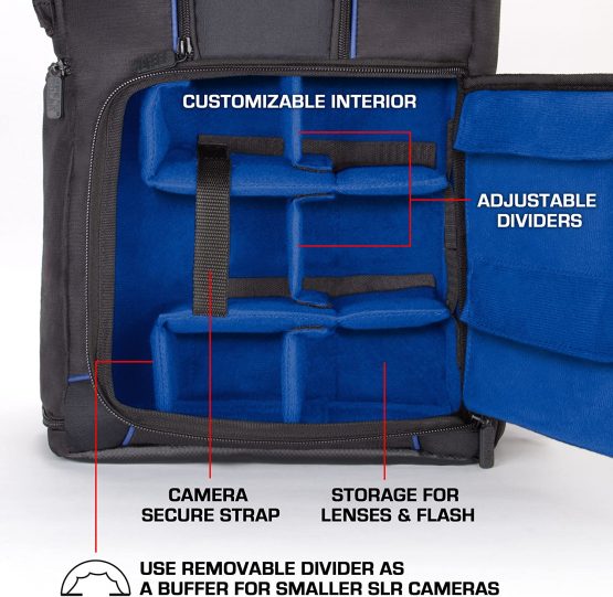 USA Gear Digital Camera Backpack DSLR Photo Bag with Comfort Design, Waterproof Cover, Laptop Storage, Tripod Holder, Adjustable Lens Storage - Compatible with Full-Sized Digital Cameras - Black - Image 4