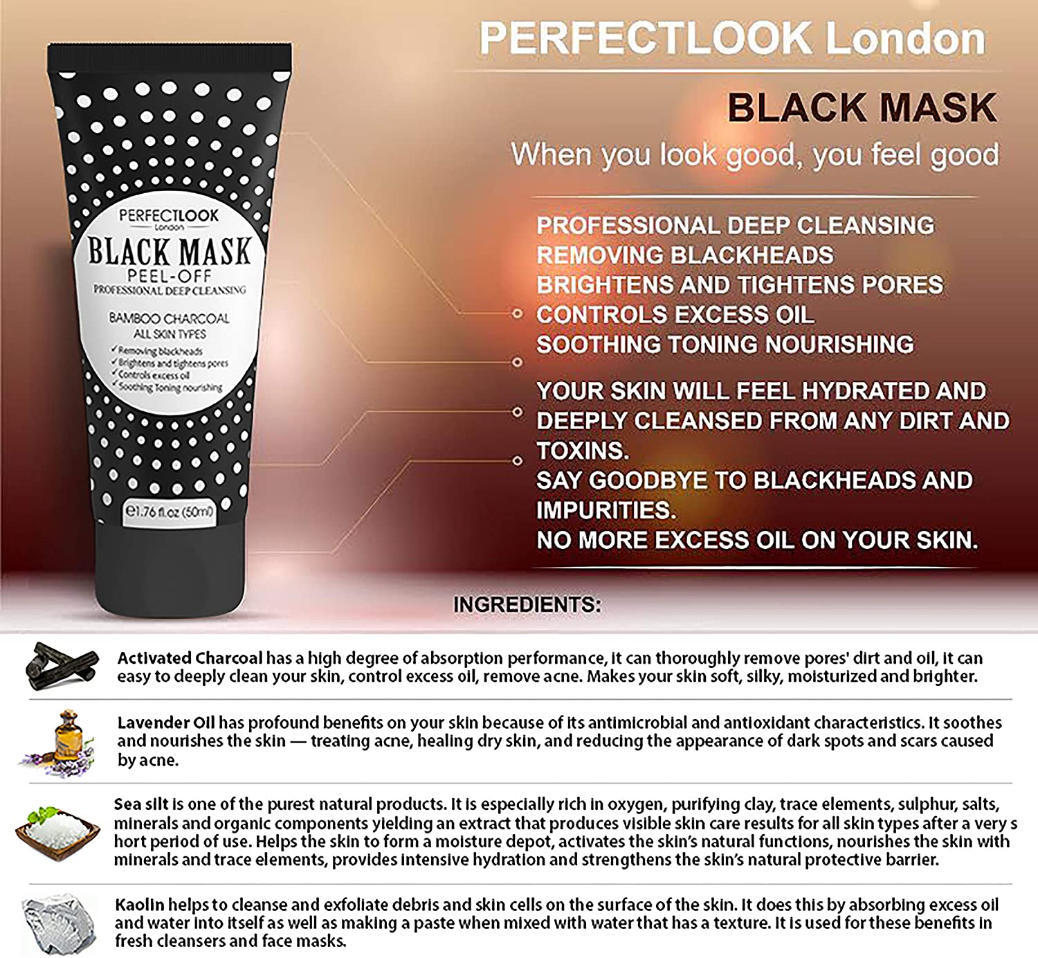 Perfect Look London Peel-Off Face Mask for Blackhead Remover & Acne, Deep Pore Cleanser with Bamboo Charcoal & Kaolin - Image 3