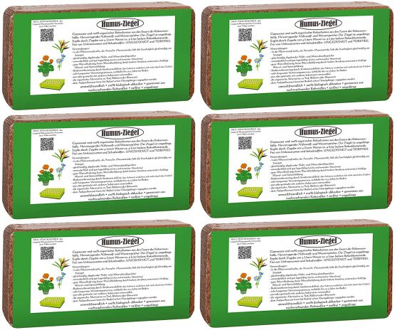 Humusziegel Coco Coir Planting Soil - Pressed Natural Coco Soil for Plants - Peat Briquettes Soil Block Bricks- 6 x 650g, 50 L