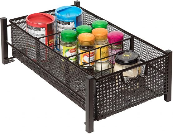 Amtido Mesh Cabinet Basket Organisers - Metal Storage Drawer - Sliding Rack with Dividers for Spice, Shower, Pantry Supplies - Kitchen, Bathroom, Undersink, Garage Shelving (Bronze, Medium) - Image 3