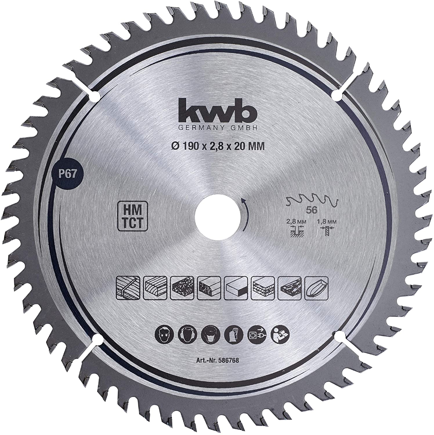 kwb 586768 Joiner's Circular Saw Blade, Wood/Hardwood, 190 x 20 mm cuts, high Number, 56 Teeth Z-56, Precision Saw Blade fine, 190 x 20