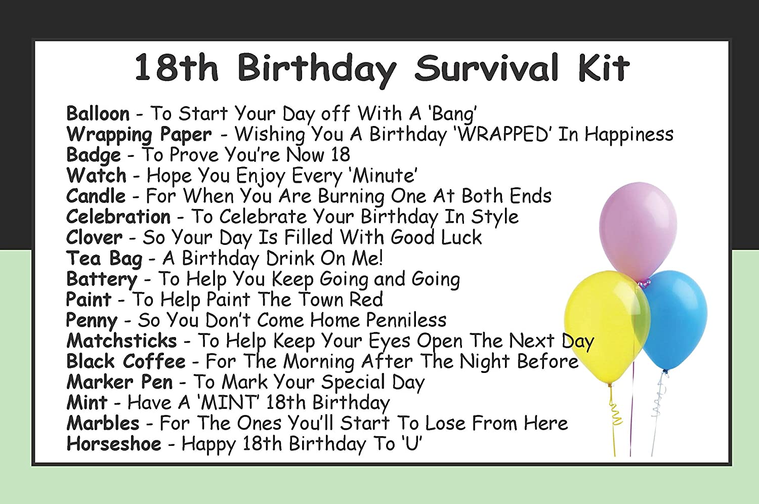 Survival Kit In A Can 18th Birthday Gift. Fun Novelty 18th Gifts for Men or Women Him, Her Boys or Girls. (Black/Mint) - Image 2