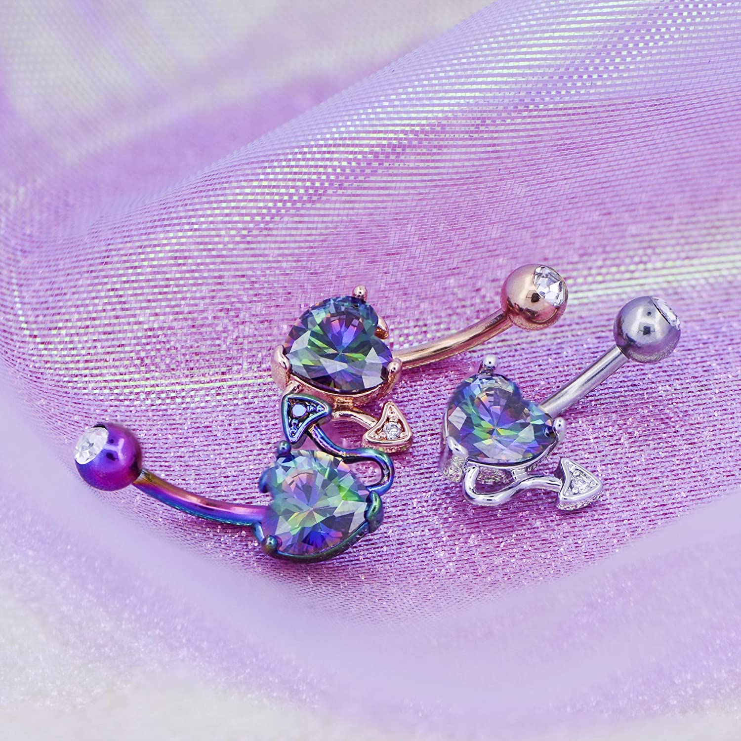 OUFER 14G Stainless Steel Navel Rings Devil Heart Belly Button Rings Iridescent CZ Body Piercing Colorful - Image 3