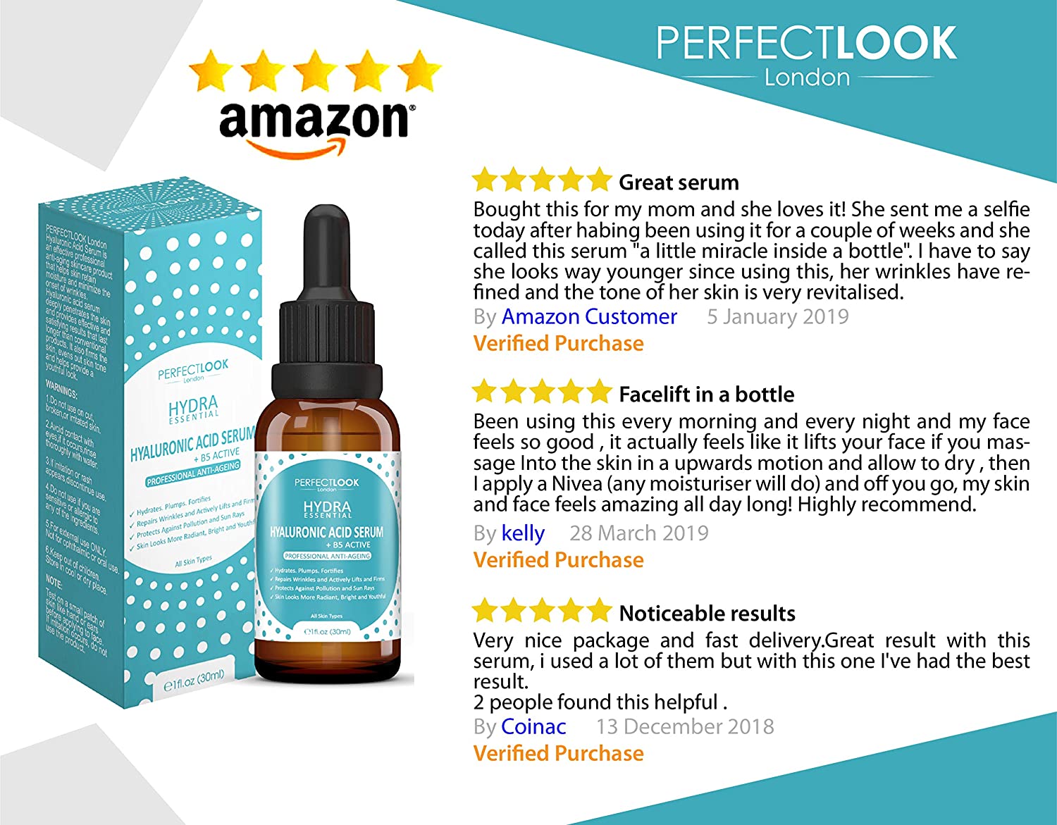Perfect Look London 5% Hyaluronic Acid Serum for Face with Centella Asiatica and Vitamin B5, 97.6% Natural Ingredients - Image 2