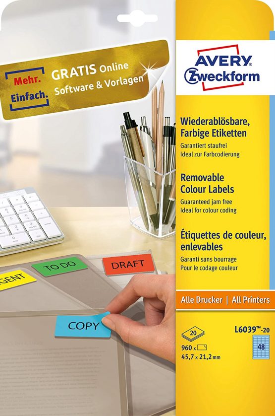 Avery L6039-20 Removable Mini Labels (45.7 x 21.2 mm Labels, 48 per A4 Sheet, 20 Sheets) for all printers - Blue
