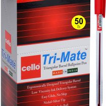 Cello Original Tri-Mate Ballpoint Pens Medium Point Biros, Red Pens, Pack of 50 Pens for Office, University, SchoolStationery Supplies, Smudge-Free, Every-Day Writing Pens with Clear Barrel