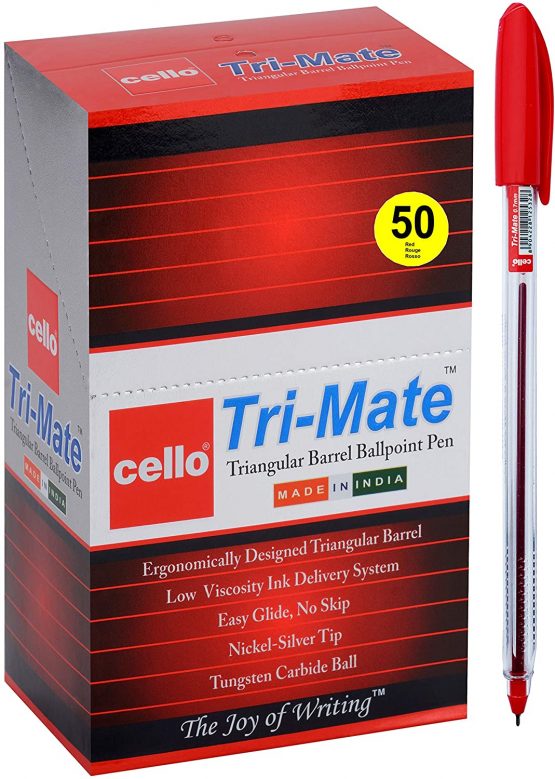 Cello Original Tri-Mate Ballpoint Pens Medium Point Biros, Red Pens, Pack of 50 Pens for Office, University, SchoolStationery Supplies, Smudge-Free, Every-Day Writing Pens with Clear Barrel