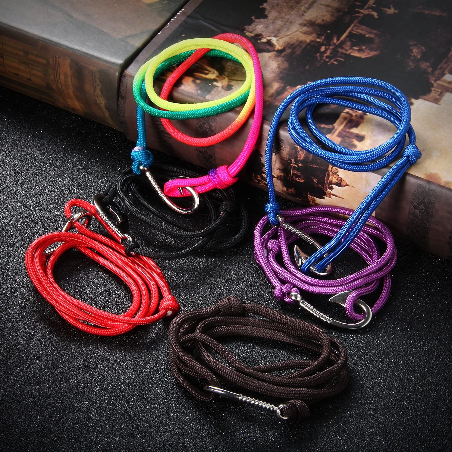 Oidea 6pcs Mens Womens Fish Hook Adjustable Multistrand Rope Wrist Bracelet,31 Inch-Wear as Anklet, Fishhook Pendant Necklace - Image 3
