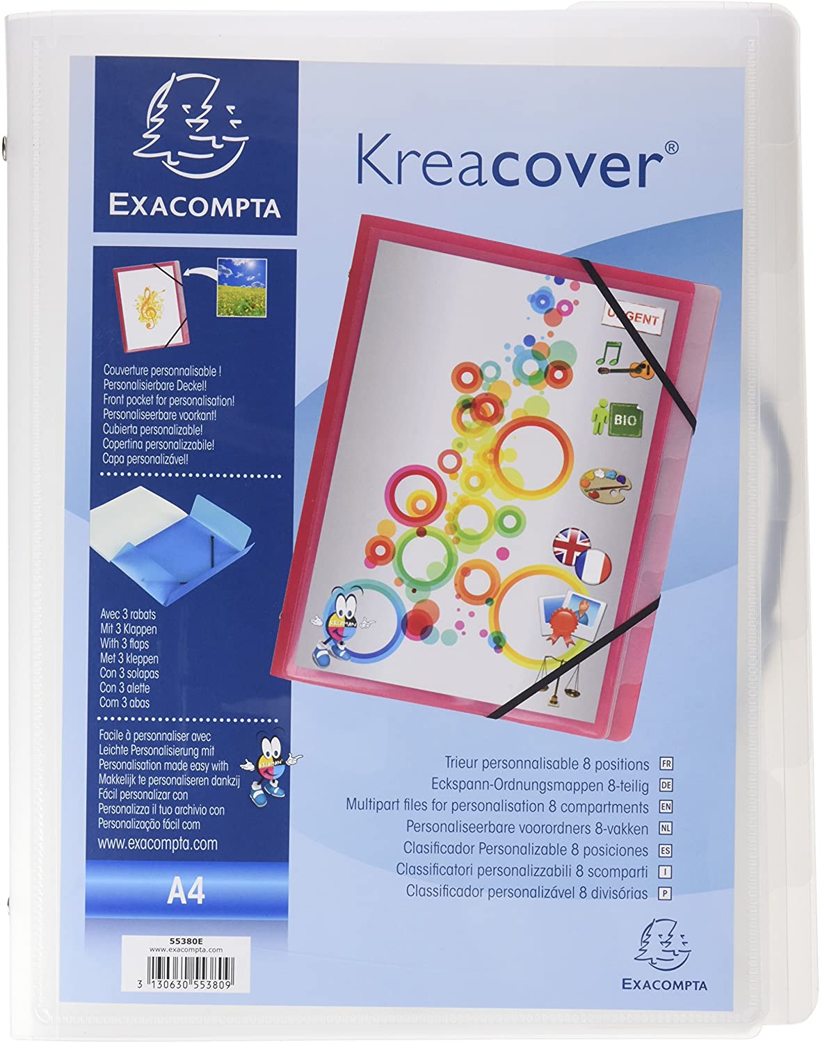 Exacompta, Ref. 55380E, 1 Kreacover customizable folder, with 3 flaps, with elastic bands, cover and interior in PP