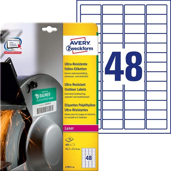 Avery Zweckform L7911 10 Ultra Poly Film Labels A4 45.7 x 21.2 mm Pack of 10 Sheets White