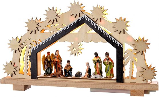 WeRChristmas Pre-Lit Wooden Nativity Scene Illuminated with 8 Warm LED Lights, 26 cm - Large, Multi-Colour