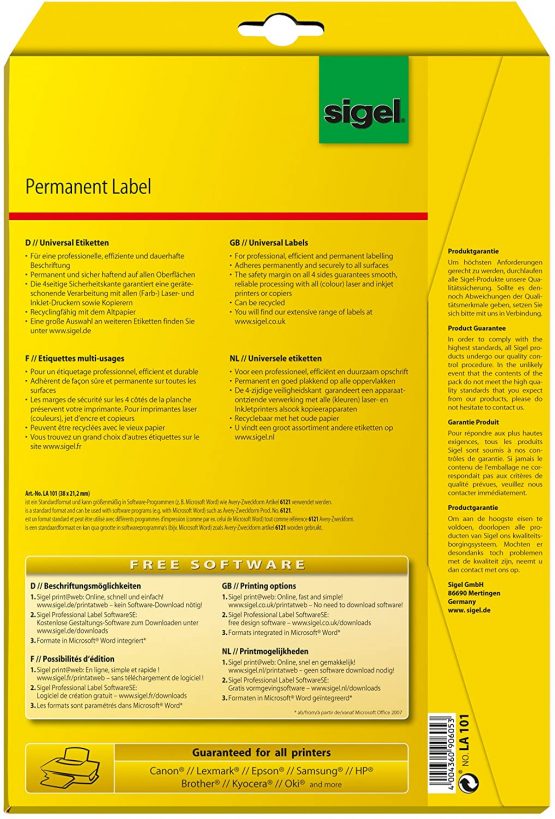 SIGEL LA101 Universal Permanent Labels, white, 3.8 x 2.12 cm, 1625 lbl = 25 sheets, white - Image 3