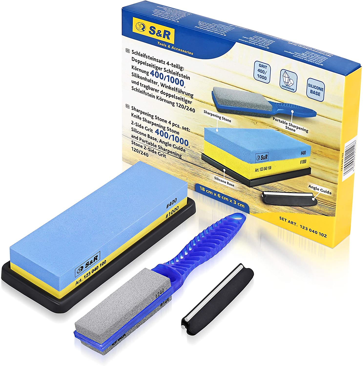 S&R Whetstone Sharpening Stone 4 Pcs.: 2-Sided Grinding Sharpener Grit 400/1000, with Silicone Holder