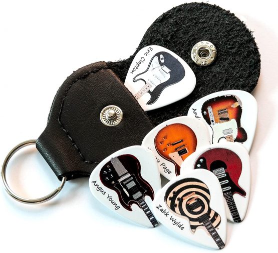 Famous Electric Guitars 6 Guitar Picks Double Sided With Leather Plectrum Holder Keyring