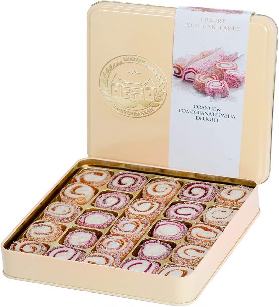 Pasha Turkish Delight Assorted Fruit Mix, Lokum Dessert Gourmet Gift Box Tin Gift Box, 500g, Chateau De Mediterranean