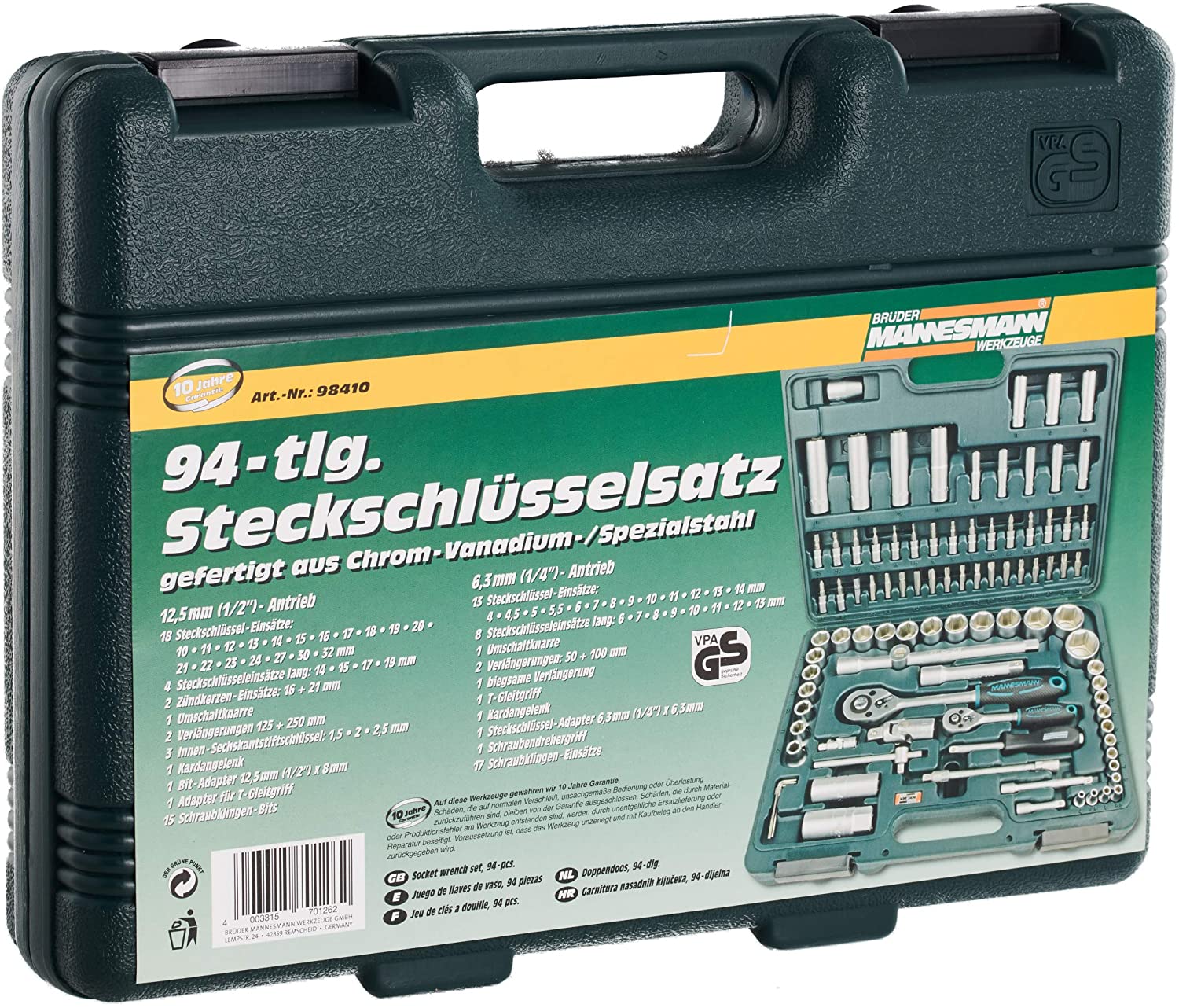 Mannesmann Socket Set Sockets and Bits in CV/Allround (94 Pieces), Multicolor, 37,5 x 29 x 7 cm