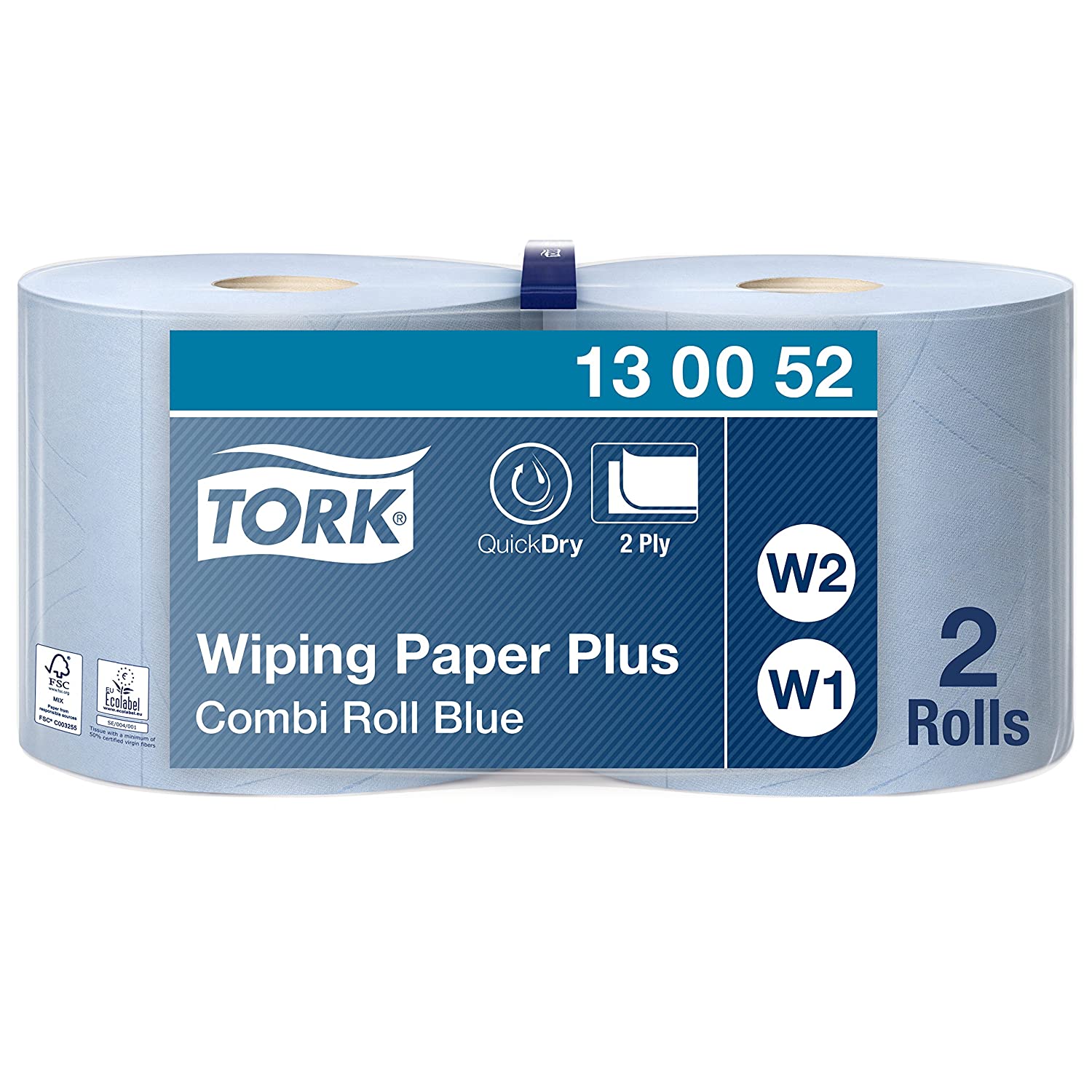 Tork 130052 Wiping Paper Plus Combi Roll / Wiping Paper Rolls Suitable for W1 and W2 Wipers System Dispensers / Extra Strong Paper Towel Roll / Blue / 2 x 255m / diameter 26.2cm