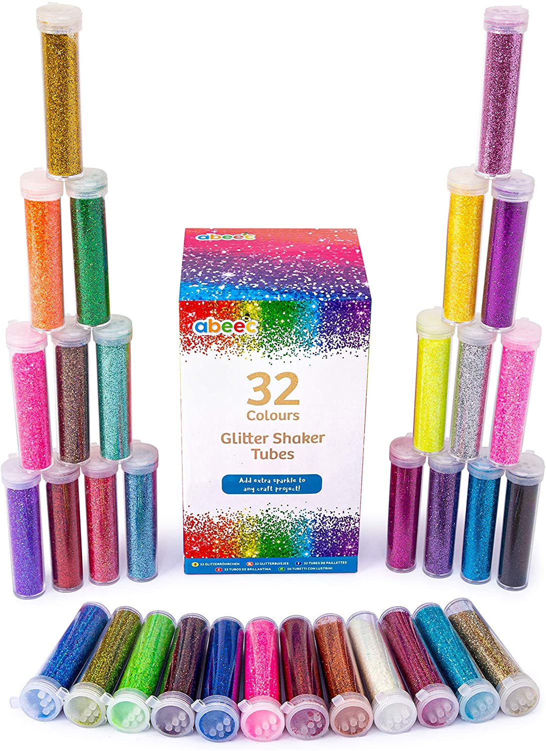 abeec Glitter Shaker Tubes - 32 Vibrant Colours, Clear,Orange,Blue,Yellow,Navy,White,Green,Grey,Violet,Red,Pink,Black,Purple