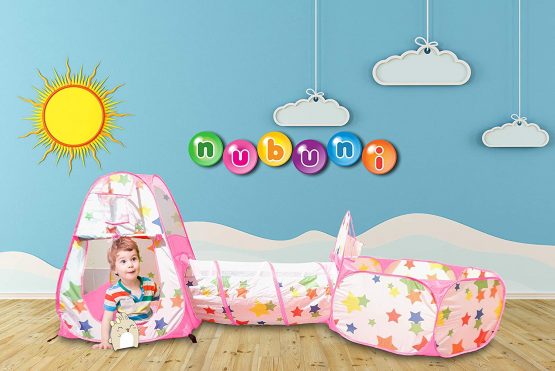 NUBUNI 3pc Kids Play Tent Crawl Tunnel and Ball Pit Pop Up Playhouse Tent with 2 Basketball Hoop for Girls, Boys, Babies, and Toddlers for Indoor and Outdoor Use with Carrying Case - Image 3