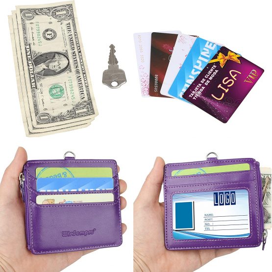 Badge Holder with Zip, Wisdompro 2-Sided PU Leather ID Badge Holder with 1 ID Window, 4 Card Slots, 1 Side Zipper Pocket and 1 Piece 20 Inch PU Neck Lanyard/Strap - Purple (Horizontal) - Image 4