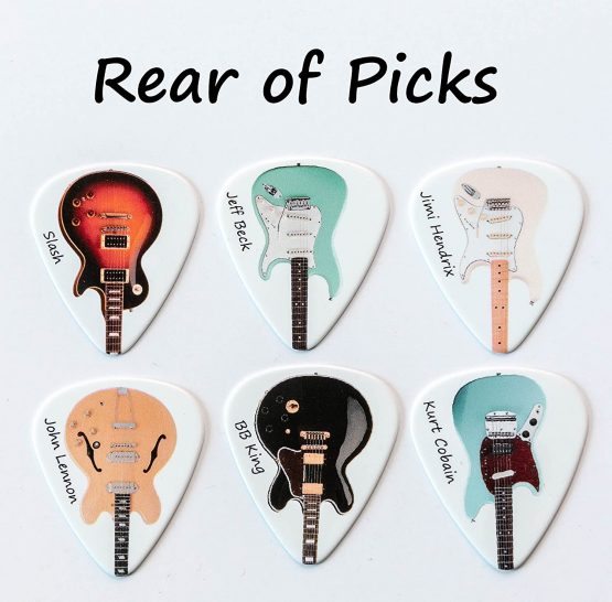 Famous Electric Guitars 6 Guitar Picks Double Sided With Leather Plectrum Holder Keyring - Image 3