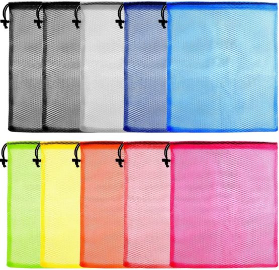 FEPITO 10 Pcs Mesh Drawstring Bag, Laundry Bag, Mesh Stuff Sack, Golf Ball Bag, Nylon Mesh Bag for Storage, Travel and Sports
