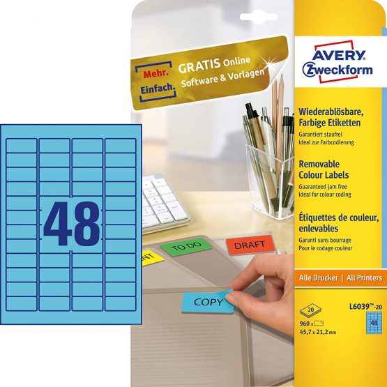 Avery L6039-20 Removable Mini Labels (45.7 x 21.2 mm Labels, 48 per A4 Sheet, 20 Sheets) for all printers - Blue - Image 2