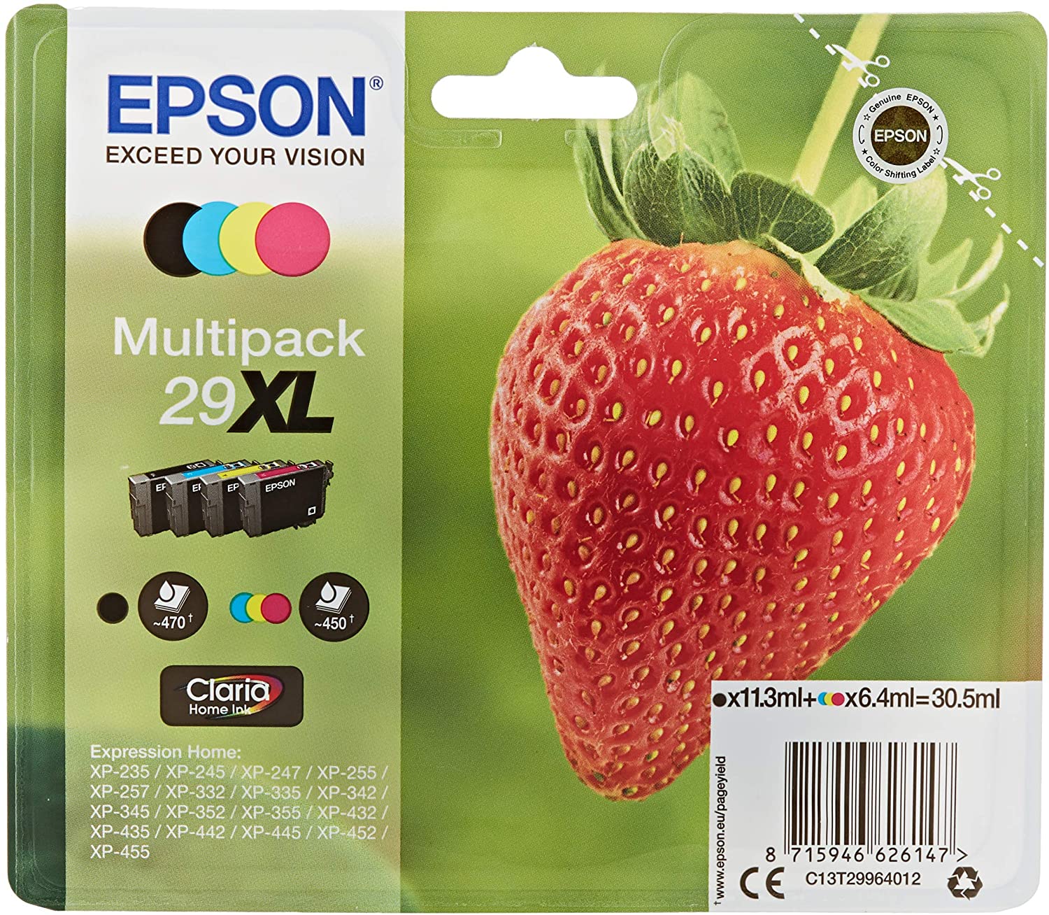 Epson 235M138 Claria Home Ink 29 X-Large High Capacity Strawberry Ink Cartridge, Pack of 4 