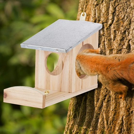 Relaxdays, Dark Brown Squirrel Feeder, Wooden House, Weatherproof Metal Roof, Hanging, Garden Feeding Station - Image 3