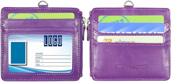 Badge Holder with Zip, Wisdompro 2-Sided PU Leather ID Badge Holder with 1 ID Window, 4 Card Slots, 1 Side Zipper Pocket and 1 Piece 20 Inch PU Neck Lanyard/Strap - Purple (Horizontal) - Image 2