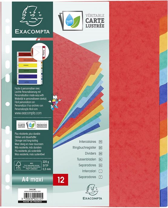 Exacompta Dividers, A4 maxi, 225gsm, 12 part - Multi-coloured