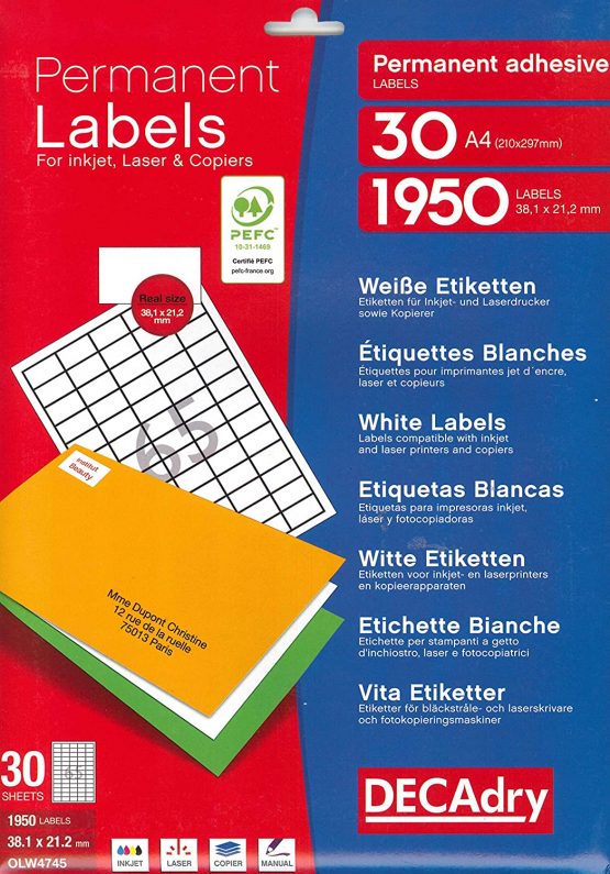 Apli DECAdry Pack of 1950 Multi-Purpose Labels 38.1 x 21.2 mm White