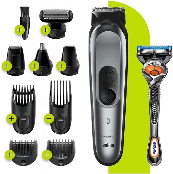 Braun 10-in-1 Beard Trimmer, With Hair & Nose Trimmer & Gillette Razor, For Face & Hair Trimming, Body Grooming & Clean Shaving, Men's Gift Set, 2 Pin Bathroom Plug, MGK7221, Dark Grey