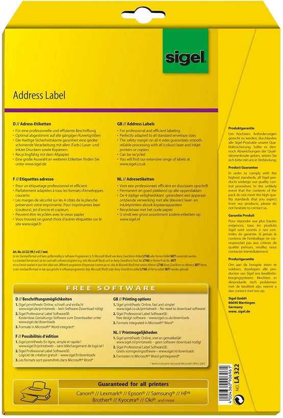 SIGEL LA322 Universal Address Labels, 9.91 x 6.77 cm, 200 lbl = 25 sheets, white - Image 3