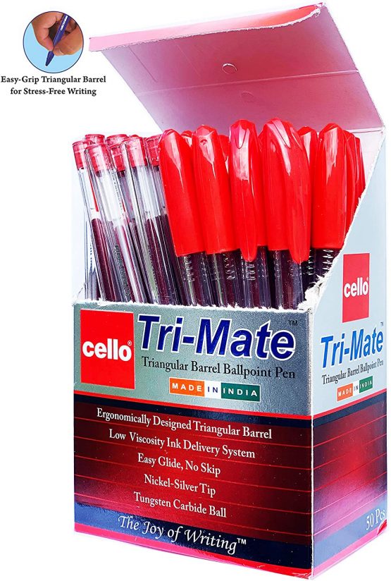 Cello Original Tri-Mate Ballpoint Pens Medium Point Biros, Red Pens, Pack of 50 Pens for Office, University, SchoolStationery Supplies, Smudge-Free, Every-Day Writing Pens with Clear Barrel - Image 3