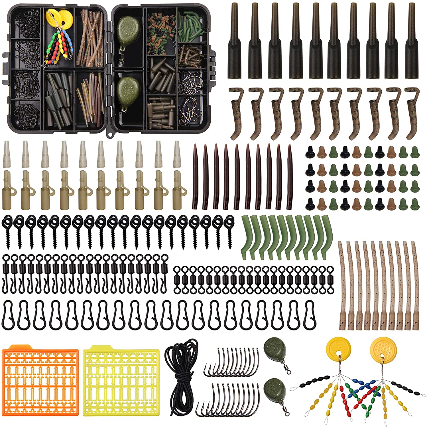 217pcs/box Carp Fishing Tackle Box Anti Tangle Sleeve Line Aligner Bait Screw Stopers Carp Hook Carp Pear-Shape Metal Weights for Carp Fishing Bait Making Carp Terminal Tackle