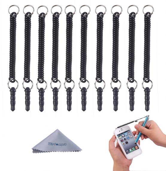 wisdompro Stylus Tether, 10pcs Pack of Detachable Elastic Coil Tether Strings/Lanyards with 3.5mm earphone jack for Stylus Pens - Black