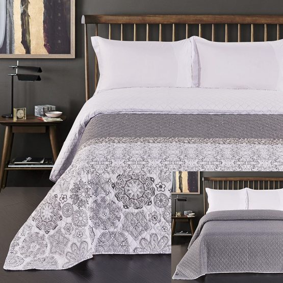 DecoKing 220x240 cm Reversible Bedspread Printed Throw Microfibre Floral Pattern Two-Sided Easy Care Grey White Alhambra