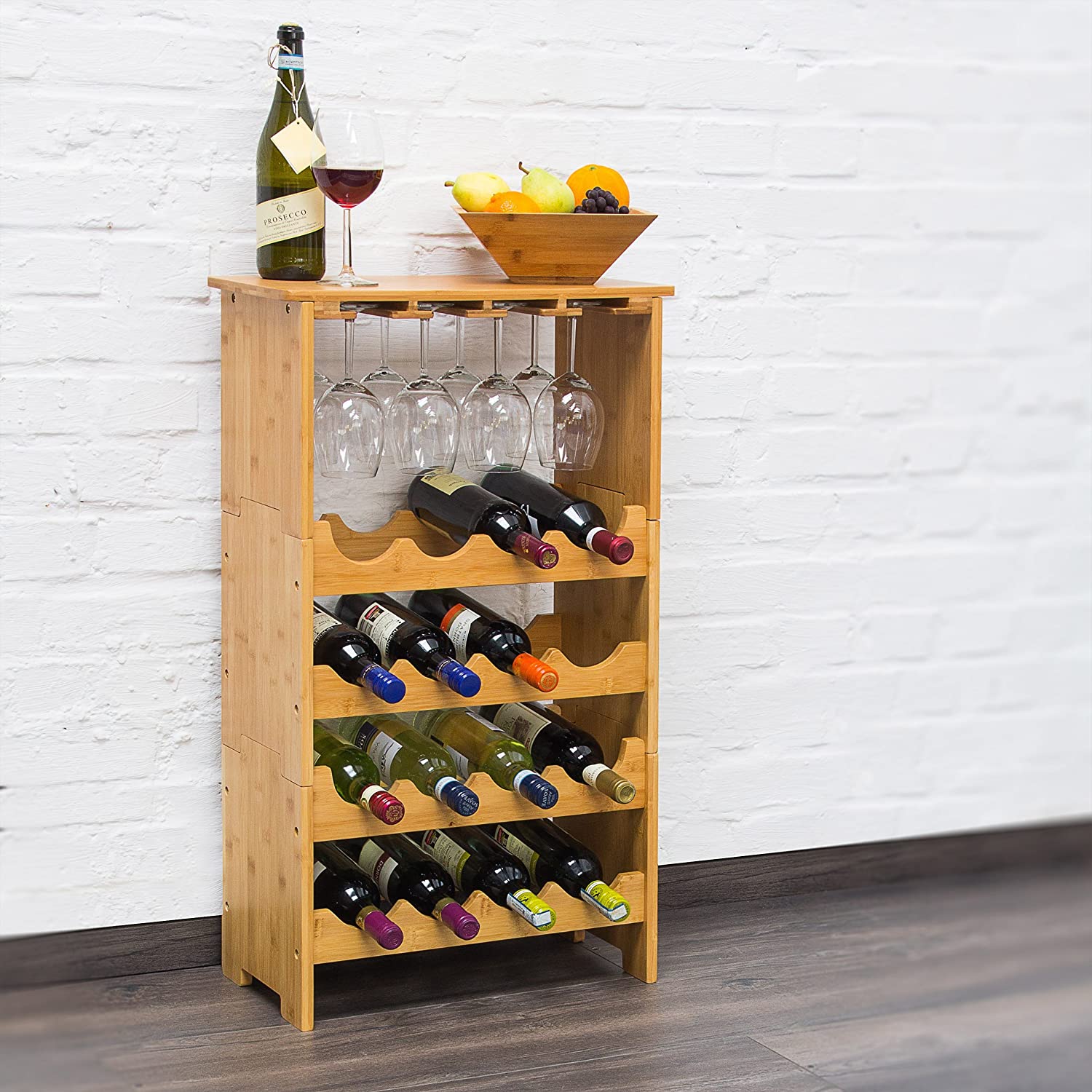 Relaxdays Bamboo Wine Rack 84 x 50 x 24 cm Bottle Holder with Wine Glass Holder, For 16 Bottles And 12 Wine Glasses, Natural Brown - Image 2