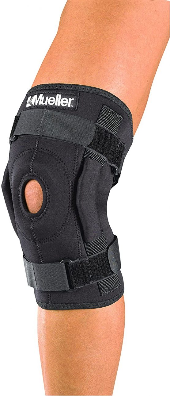 Mueller Wraparound Hinged Knee Brace, Black, 12-16", Right/Left, Patented Tri-Axial Hinges, Padded Patella Buttress, Adjustable Straps, Prevents Irritation & Chafing, Natural Movement, Fitted Sleeve