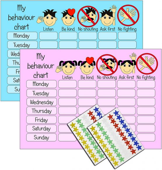 kids2learn Boys Girls Reusable Behaviour Reward Chart & Stickers (TWIN PACK) 1 x Blue & 1 x Pink