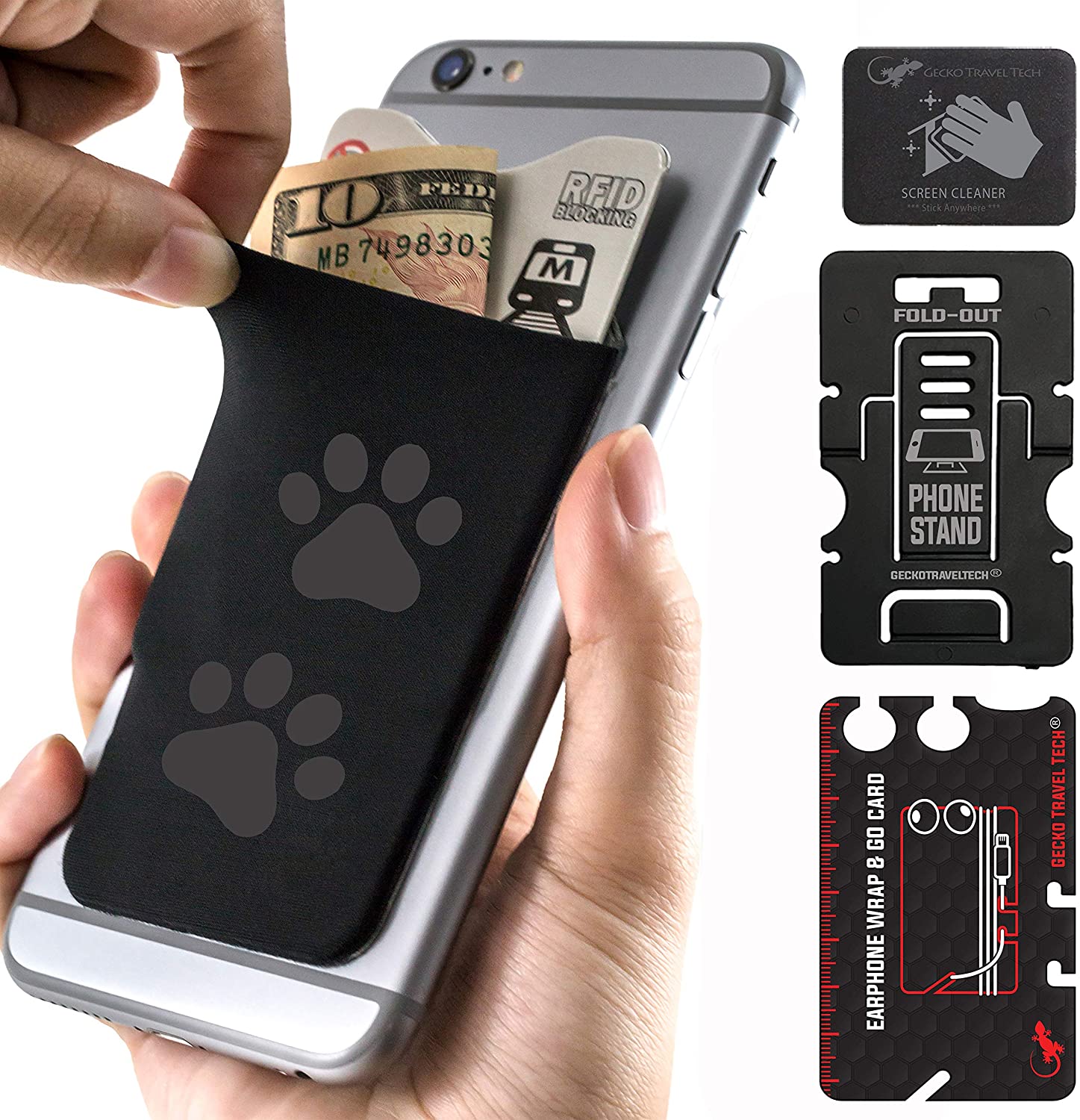 Gecko Sticky Card Holder for Phone Case, Big Paw Print Phone Wallet Stick On