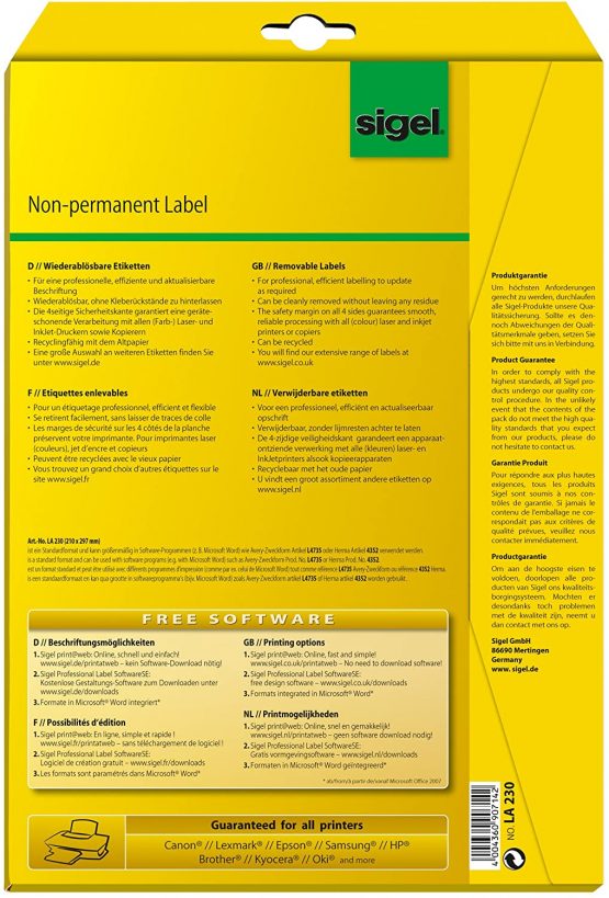 SIGEL LA230 Universal Removable Labels, 21 x 29,7 cm, 25 lbl = 25 sheets, white - Image 3
