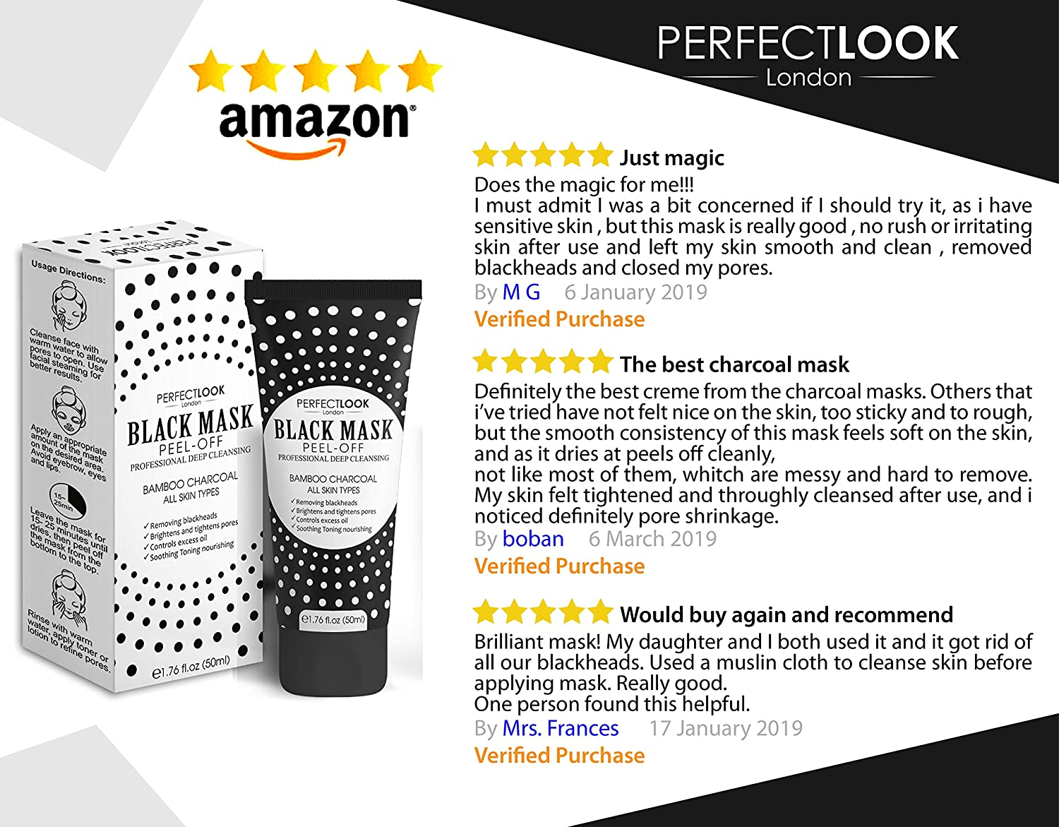 Perfect Look London Peel-Off Face Mask for Blackhead Remover & Acne, Deep Pore Cleanser with Bamboo Charcoal & Kaolin - Image 2