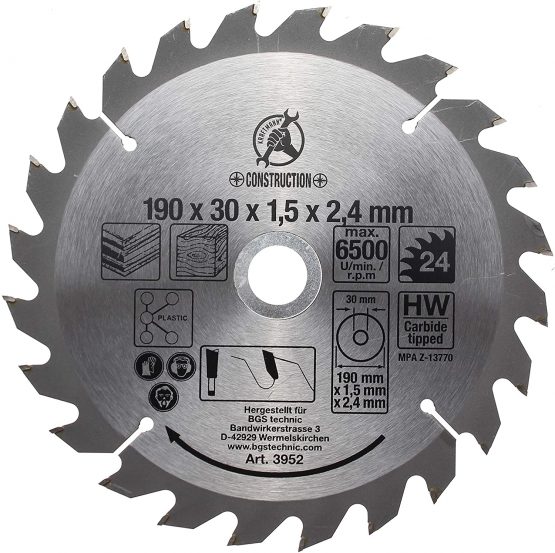 Carbide Tipped Circular Saw Blade, Diameter 190 mm, 24 tooth
