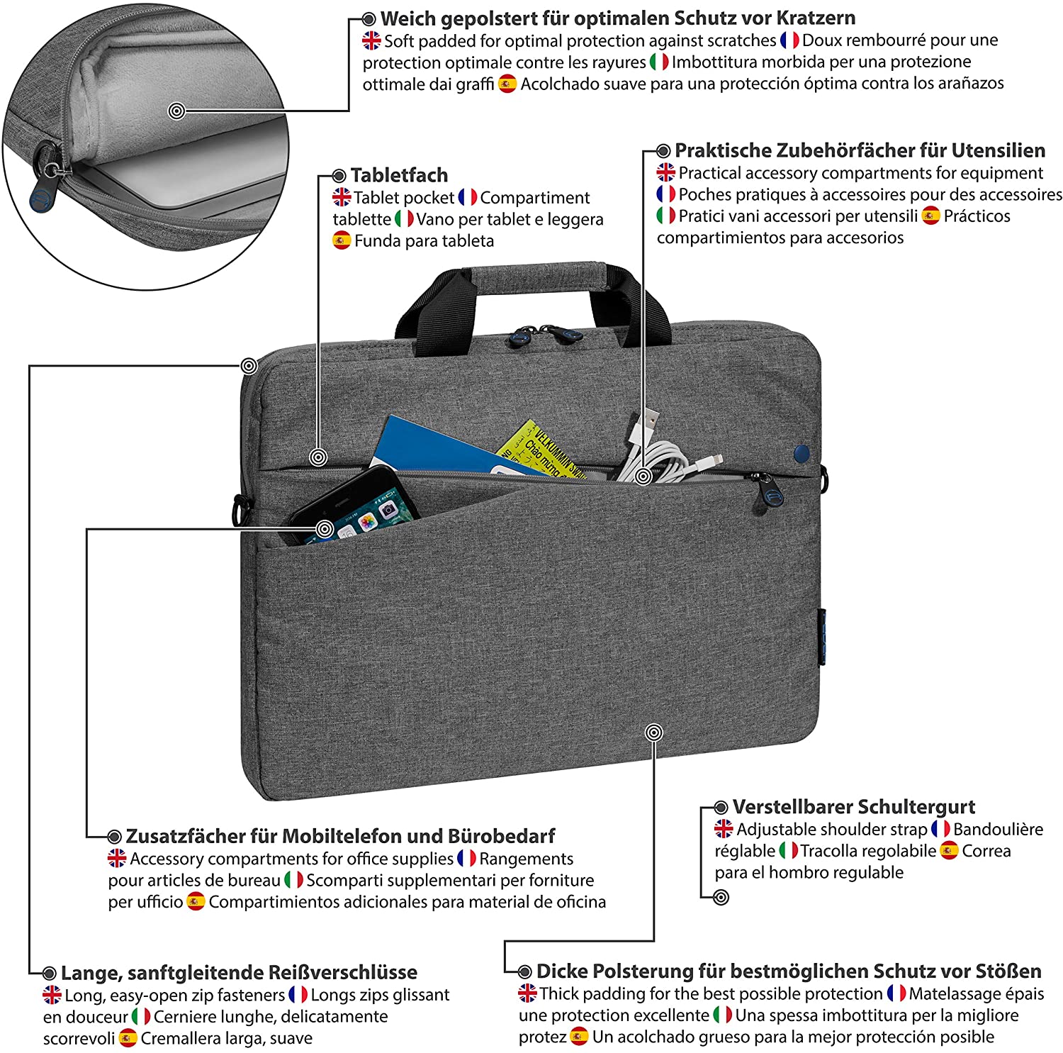Pedea "Fashion Laptop Bag up to 13.3 Inches Shoulder Bag with Shoulder Strap and Wireless Mouse - Grey/Blue - Image 4