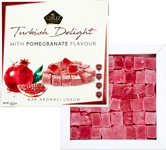 Cerez Pazari Turkish Delight with Pomegranate Flavour 454 gr Gourmet Medium Size Snacks Gift Box No Nuts Sweet Luxury Traditional Confectionery Vegan Candy Dessert Glucose Free Lokum Approx 42 Pcs - Image 2